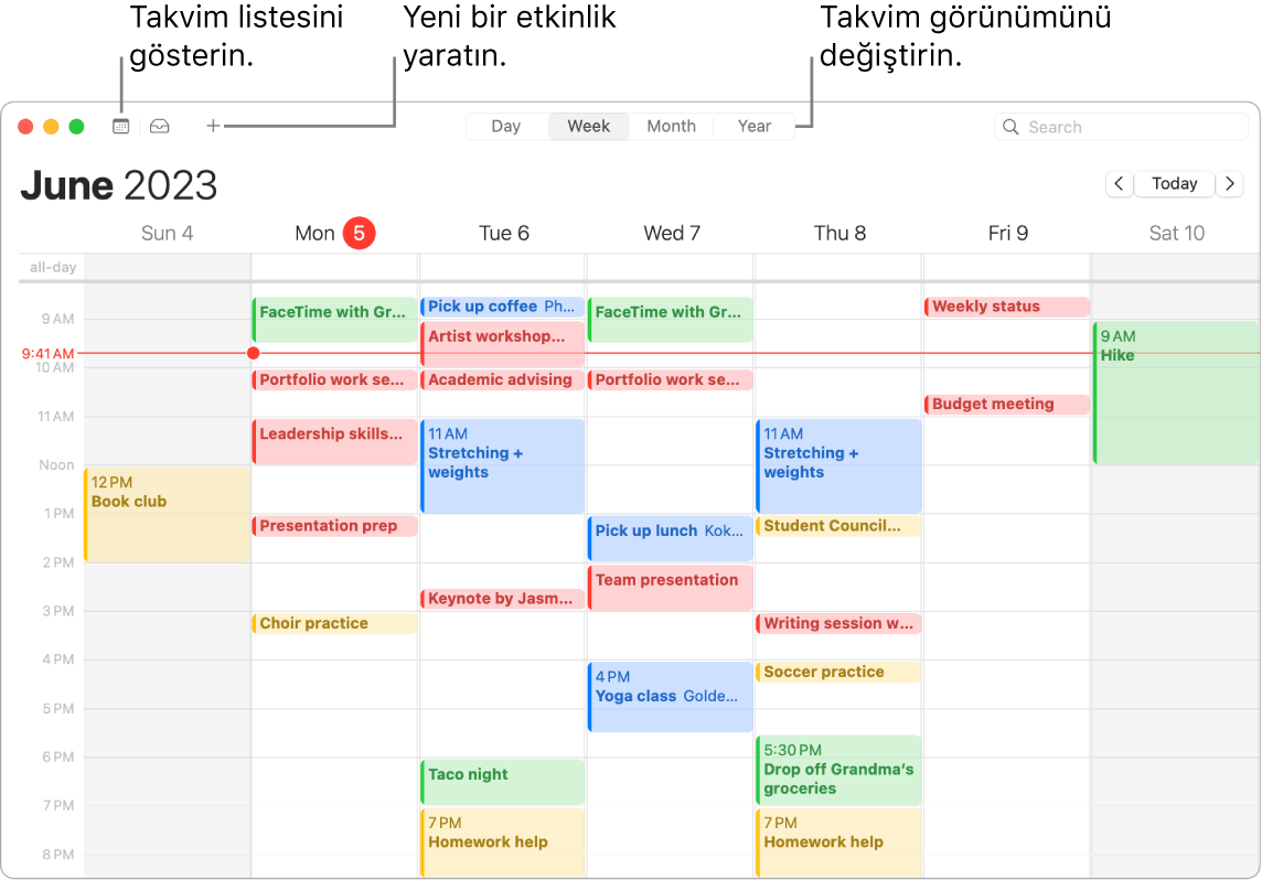 Takvim listesini, etkinlik yaratmayı ve Gün, Hafta, Ay veya Yıl görüntüsünü seçmeyi gösteren bir Takvim penceresi.