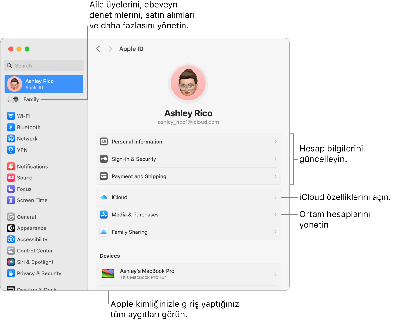 Hesap bilgilerini güncellemeye, iCloud özelliklerini açma veya kapatmaya, ortam hesaplarını yönetmeye ve aile üyelerini, ebeveyn denetimlerini, satın almaları vb. yönetebileceğini Aile’ye belirtme çizgileri ile Sistem Ayarları’nda Apple Kimliği ayarları.