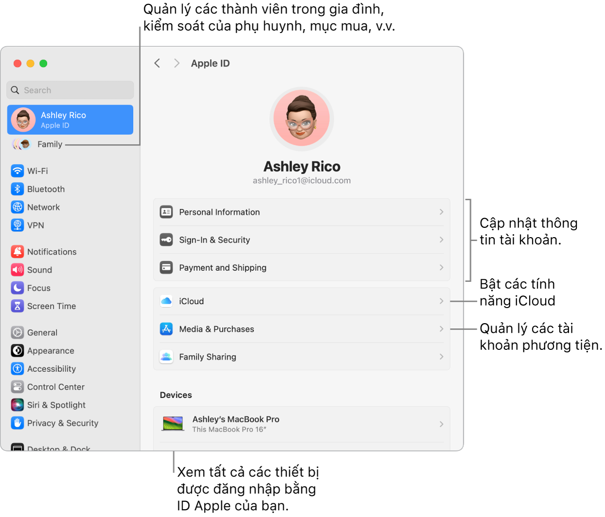 Cài đặt ID Apple trong Cài đặt hệ thống với các chú thích để cập nhật thông tin tài khoản, bật hoặc tắt các tính năng iCloud, quản lý các tài khoản phương tiện và Gia đình, là nơi bạn có thể quản lý các thành viên gia đình, kiểm soát của phụ huynh, mục mua, v.v.