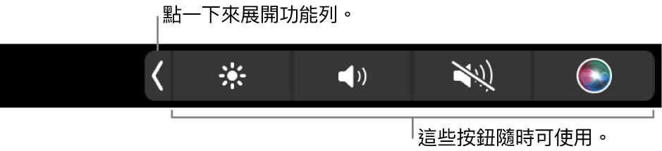 預設觸控列畫面的一部分，顯示收合的功能列與永遠可用的按鈕：亮度、音量和靜音。點一下展開按鈕來顯示完整的功能列。