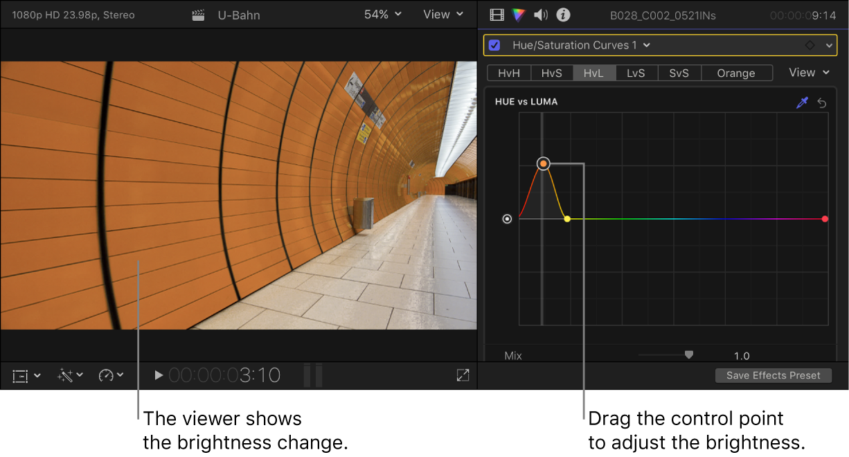 Der Viewer links mit geänderter Helligkeit und das Informationsfenster „Farbe“ rechts mit Steuerpunkten auf der Kurve „Farbton vs. Luma“