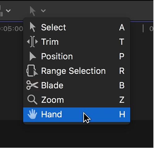 Das Werkzeug „Hand“ im Einblendmenü „Werkzeuge“