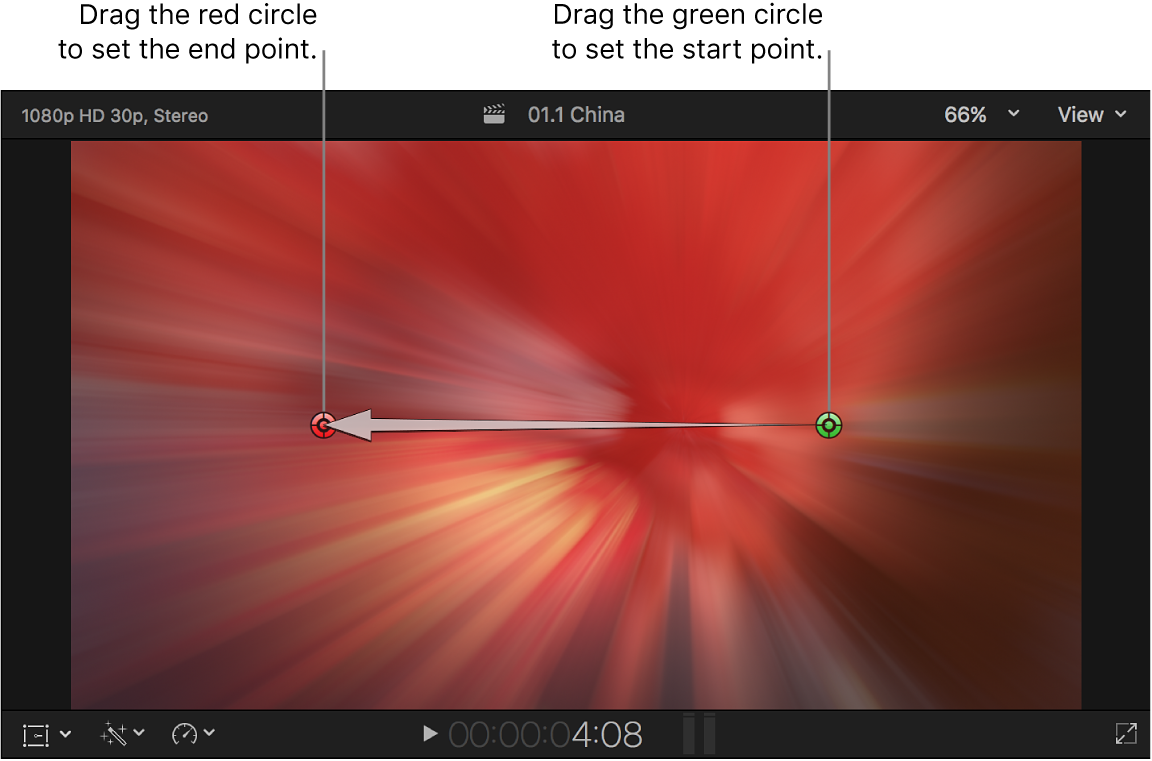 Der Viewer mit den On-Screen-Steuerelementen des Übergangs „Zoom & Pan“