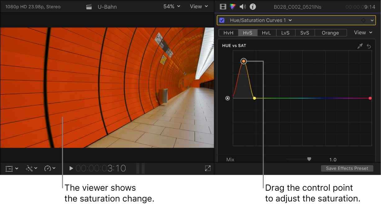 Der Viewer links mit geänderter Sättigung und das Informationsfenster „Farbe“ rechts mit Steuerpunkten auf der Kurve „Farbton vs. Sättigung“