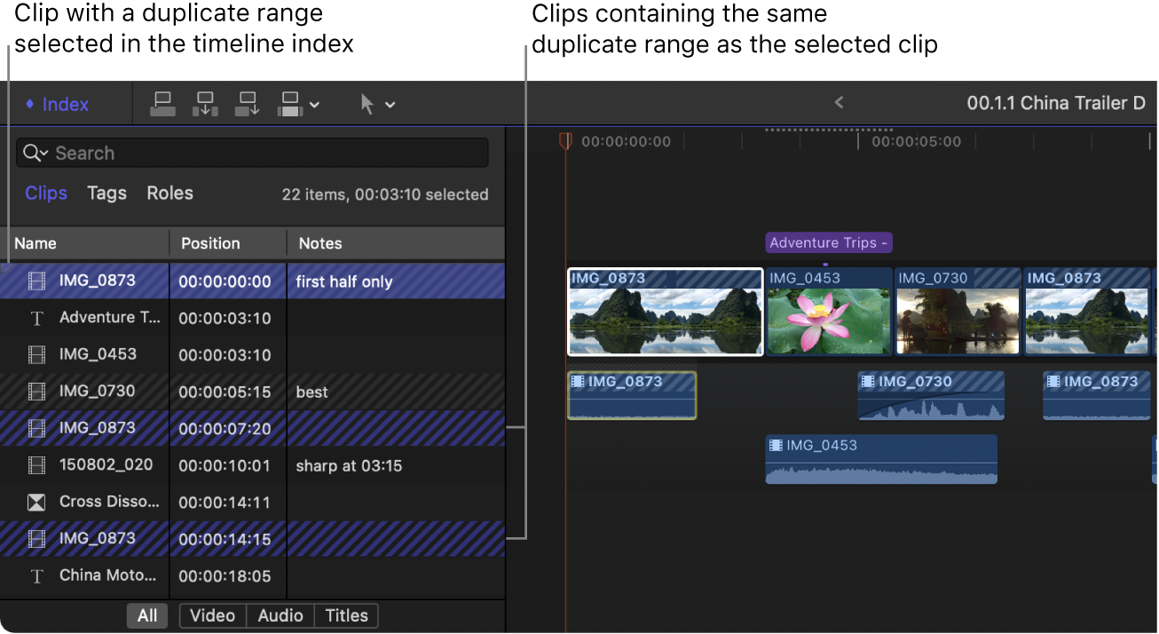 Im Timeline-Index wird ein Clip mit dupliziertem Bereich hervorgehoben. Der ausgewählte Clip sowie zwei weitere Clips mit demselben duplizierten Bereich werden durch blaue diagonale Linien hervorgehoben. Clips mit anderen duplizierten Bereichen werden durch graue diagonale Linien gekennzeichnet.