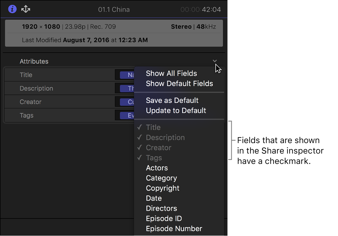 Options in the Attributes pop-up menu in the Share inspector