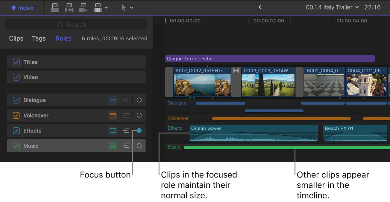 El índice de la línea de tiempo con el botón Enfocar resaltado para la función Efectos y la línea de tiempo con otras funciones de audio minimizadas