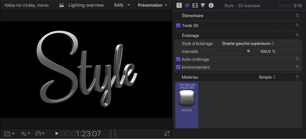 Titre 3D dans le visualiseur, avec réglages de style d’éclairage prédéfinis affichés dans l’inspecteur de texte