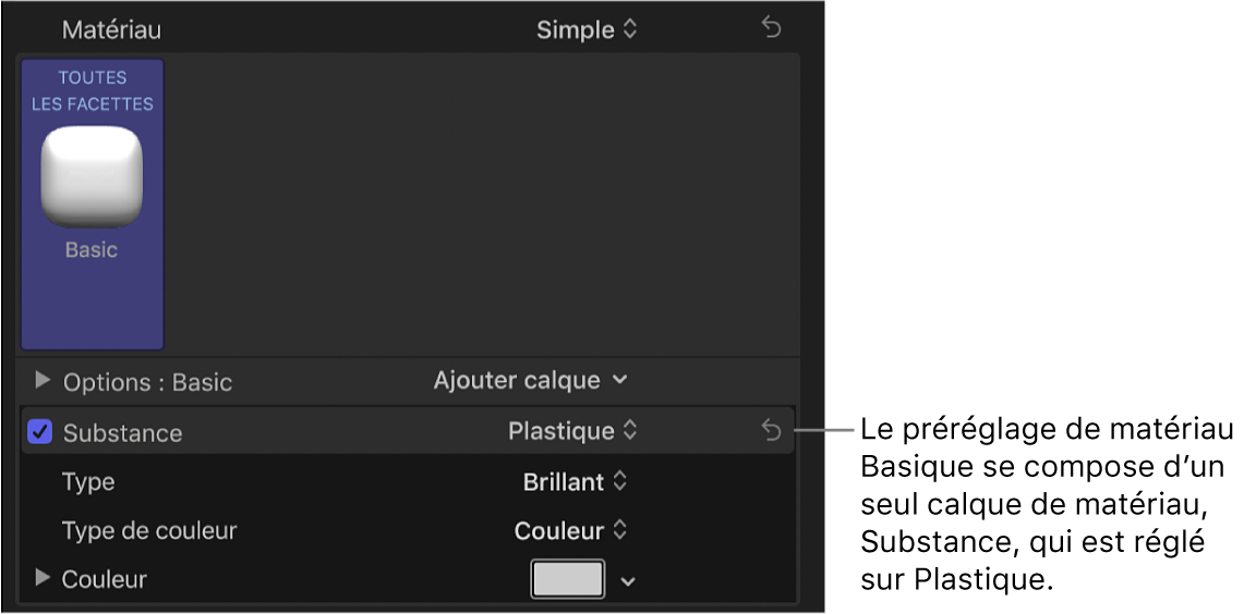Section Matériau de l’inspecteur de texte affichant le préréglage de matériau Élémentaire avec un seul calque (Substance) réglé sur Plastique