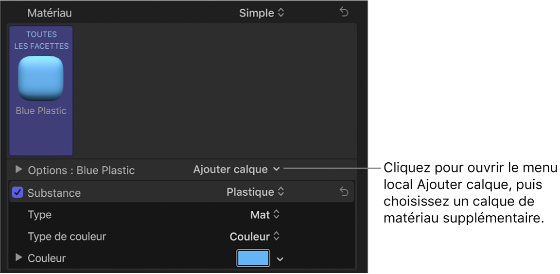 Menu local Ajouter calque dans la section Matériau de l’inspecteur de texte, avec l’option Plastique bleu sélectionnée