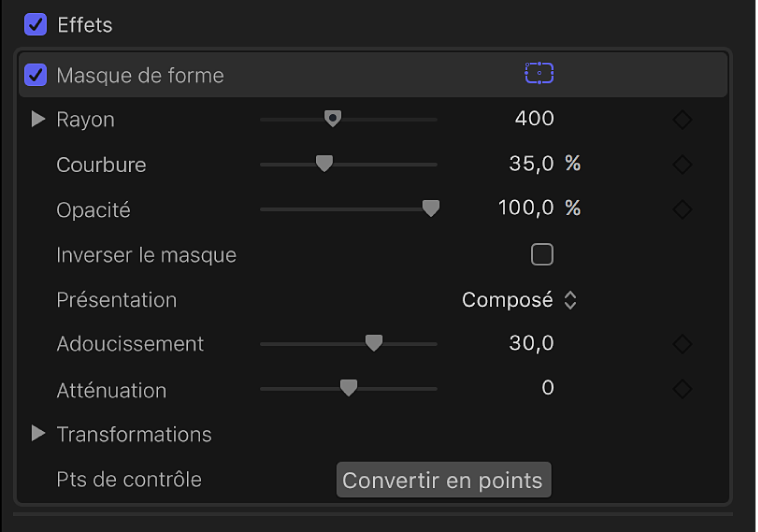 Commandes Masque de forme dans l’inspecteur vidéo