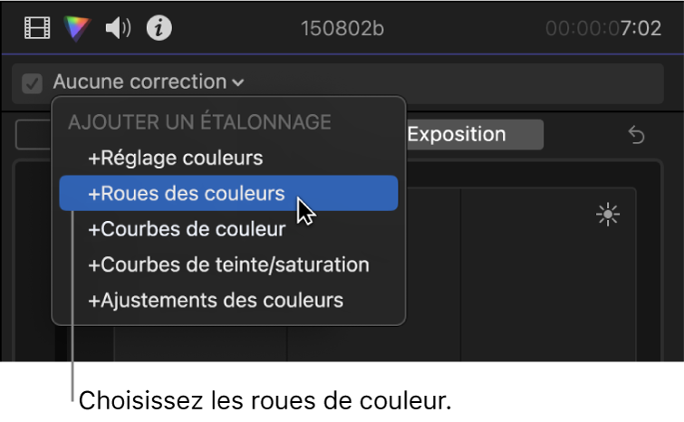 Roues des couleurs choisies dans la section Ajouter une correction du menu local situé en haut de l’inspecteur de couleur