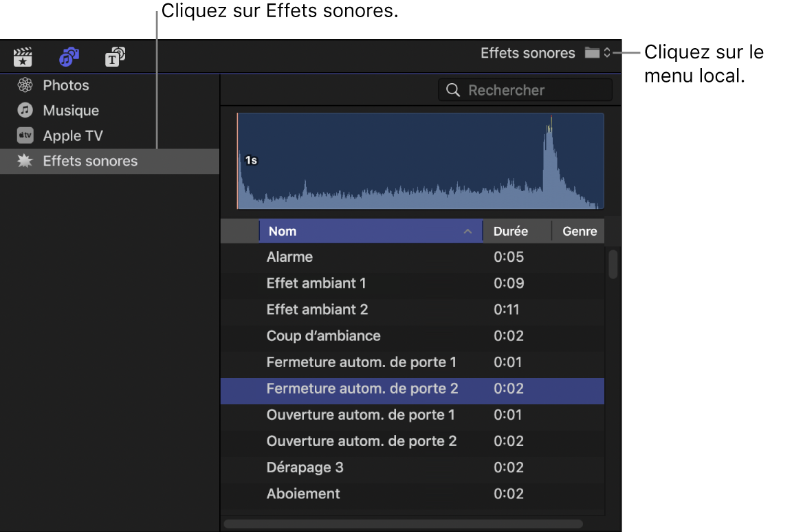 Barre latérale « Photos, vidéos et audio » affichant la catégorie « Effets sonores » sélectionnée, et navigateur ouvert sur la liste des plans d’effets sonores