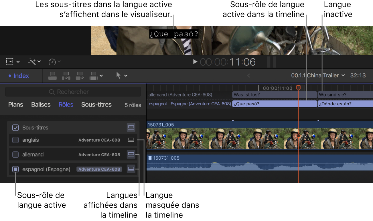 Visualiseur, timeline et index de la timeline affichant la langue de sous-titrage active ainsi que celles inactives et masquées