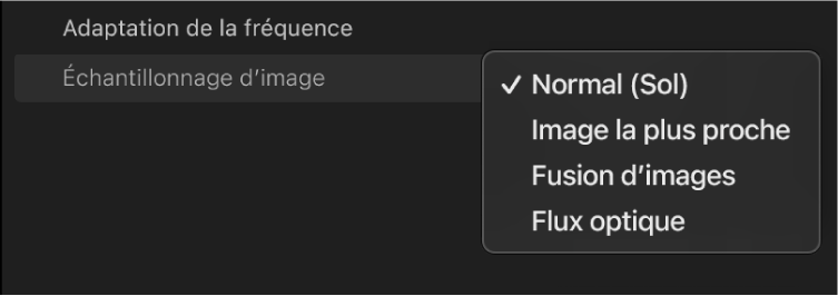 Menu local Échantillonnage d’image dans la section « Adaptation de la fréquence » de l’inspecteur vidéo