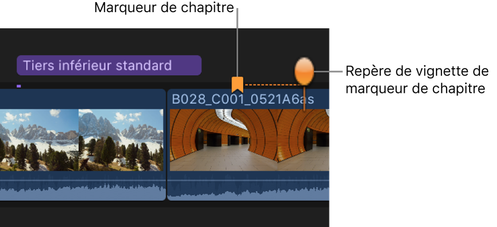 Marqueur de chapitre et sa vignette sur un plan dans la timeline