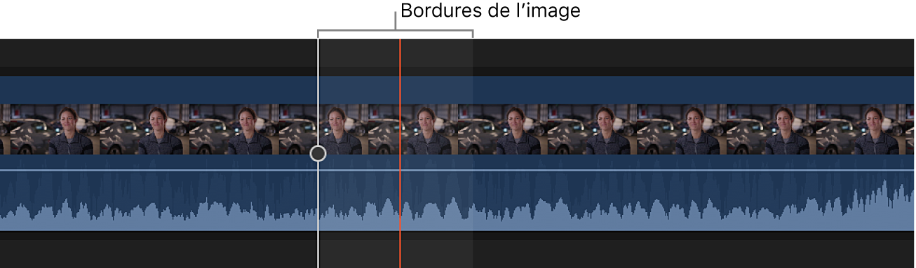 Zoom avant sur un plan dans la timeline pour afficher la forme d’onde audio à l’intérieur des bordures d’une image vidéo