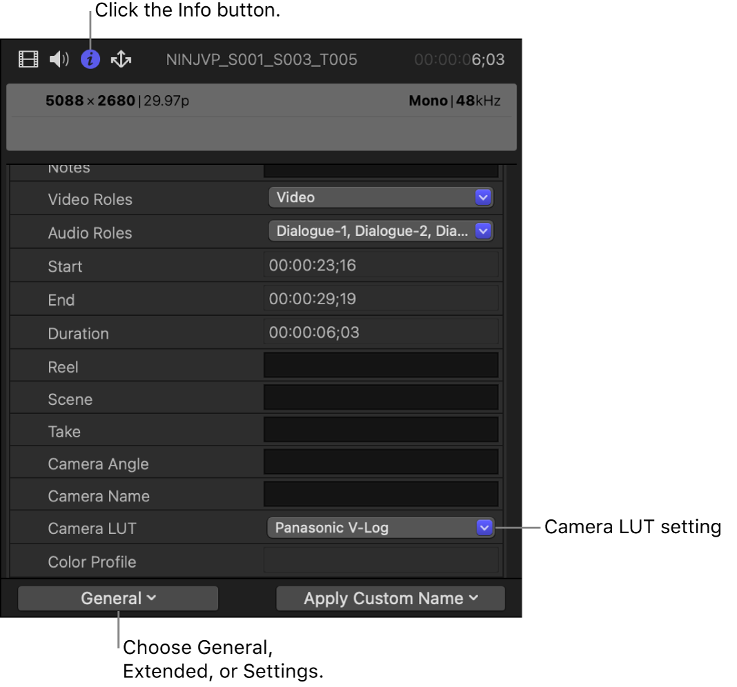 「一般」メタデータ表示の「カメラのLUT」設定が表示された「情報」インスペクタ