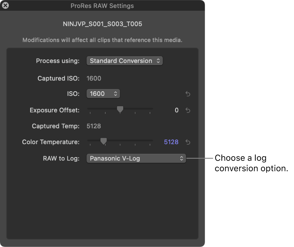 「RAWからログ」ポップアップメニューが表示された「ProRes RAW設定」ウインドウ
