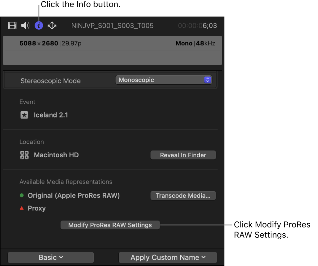‘ProRes RAW 설정 수정’ 버튼을 표시하는 정보 인스펙터