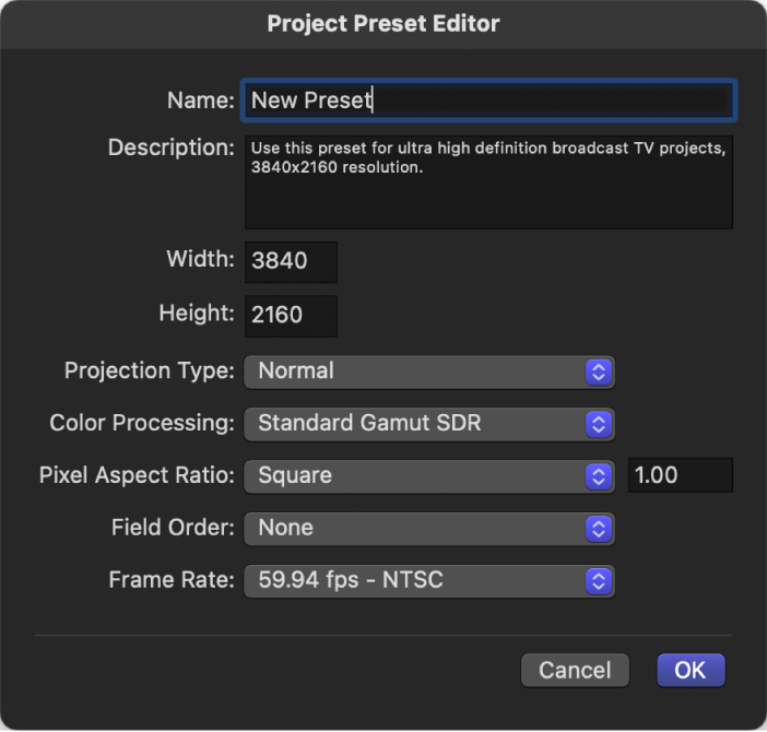 Editor für Projektvoreinstellungen