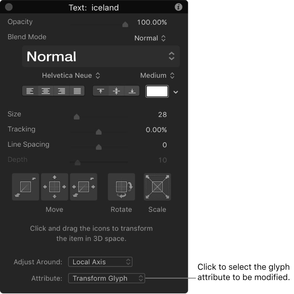 Schwebepalette „Text“ beim aktiviertem Werkzeug „Glyphe transformieren“