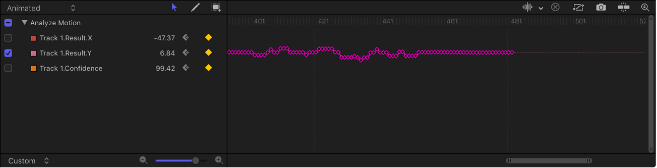 Keyframe Editor showing Animation menu options and curve with a keyframe at every frame