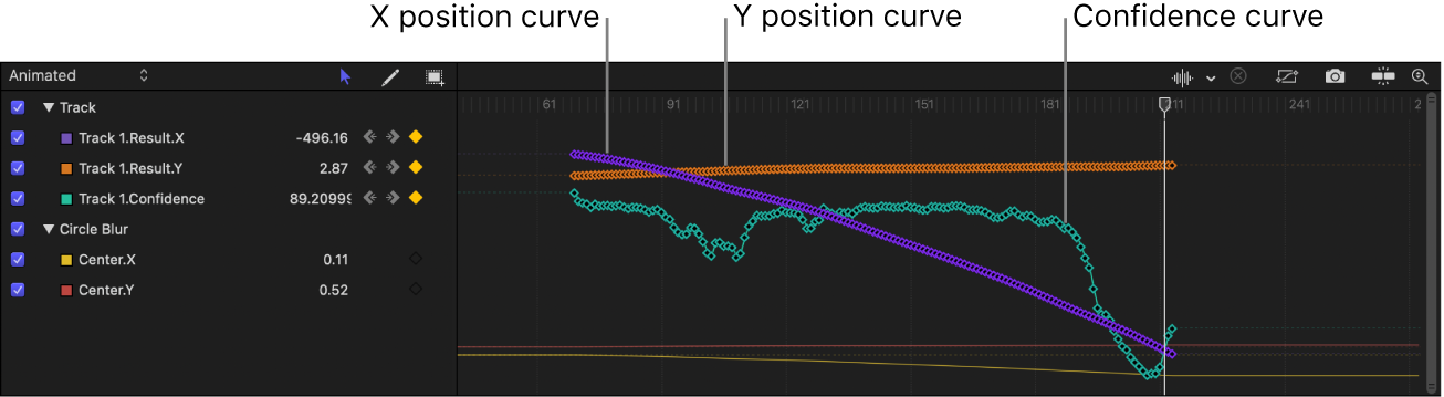 Keyframe Editor showing tracking keyframes and the Circle Blur filter’s tracked Center parameter keyframes