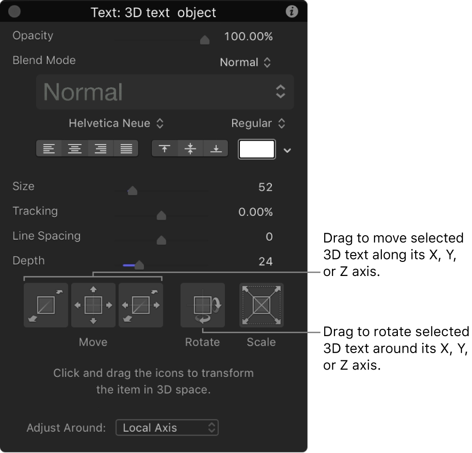 HUD showing 3D Text with 3D Adjust tool selected