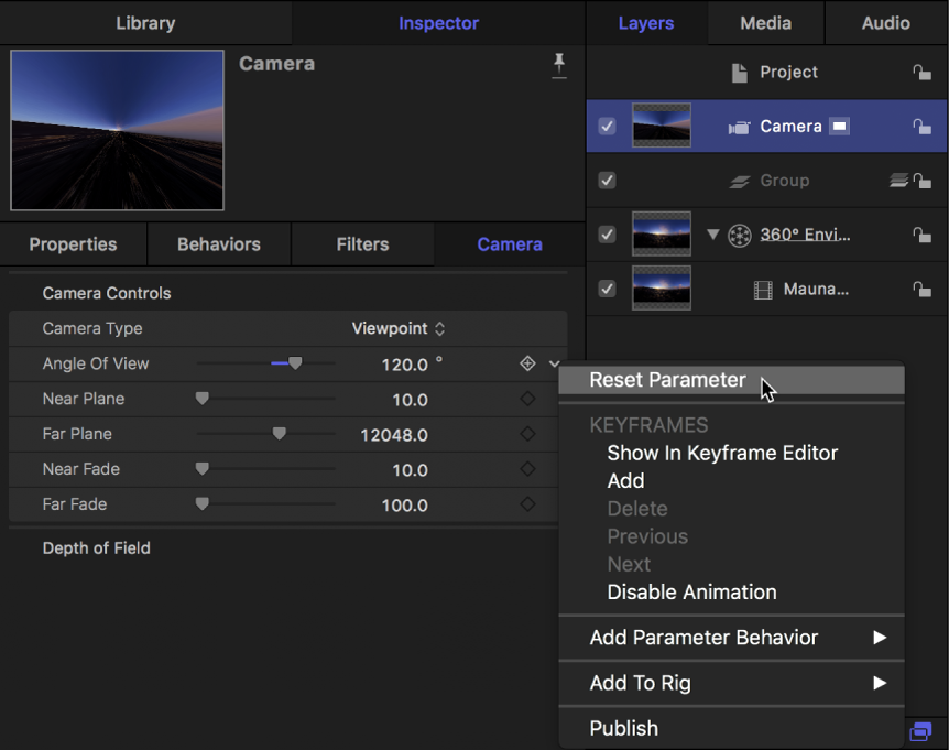 Resetting the Angle of View parameter in the Camera Inspector