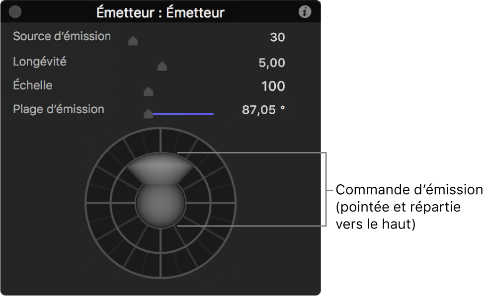 Palette affichant les commandes d’émetteur 3D