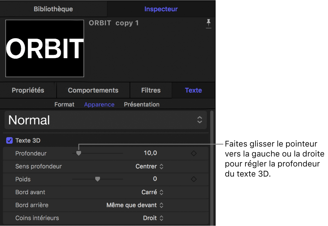 Paramètre Profondeur du texte 3D dans la fenêtre Apparence de l’inspecteur de texte