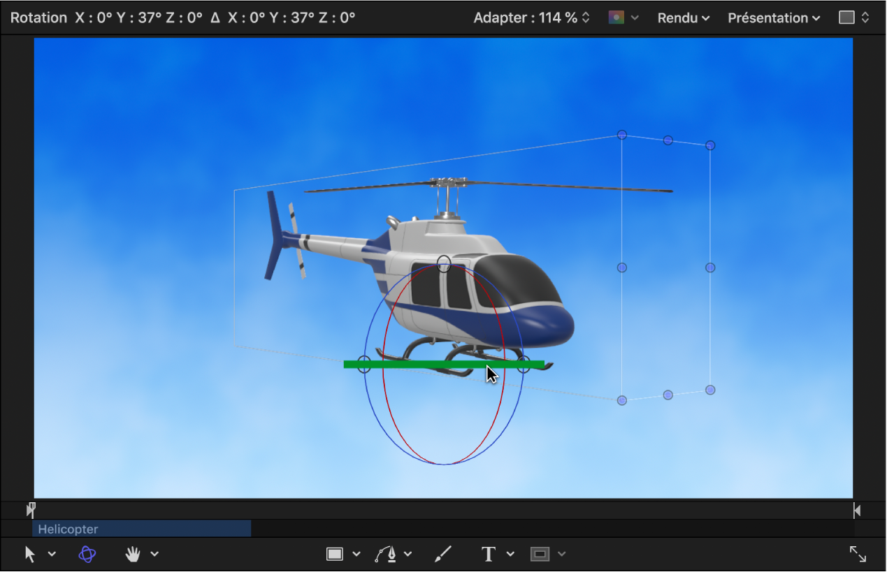 En le faisant pivoter dans le canevas, les côtés et les pales du rotor de l’objet de l’hélicoptère se révèlent alors
