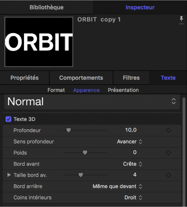 Paramètres Texte 3D dans la fenêtre Apparence de l’inspecteur de texte