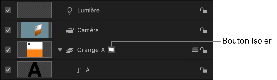 Liste Calques affichant le bouton Isoler