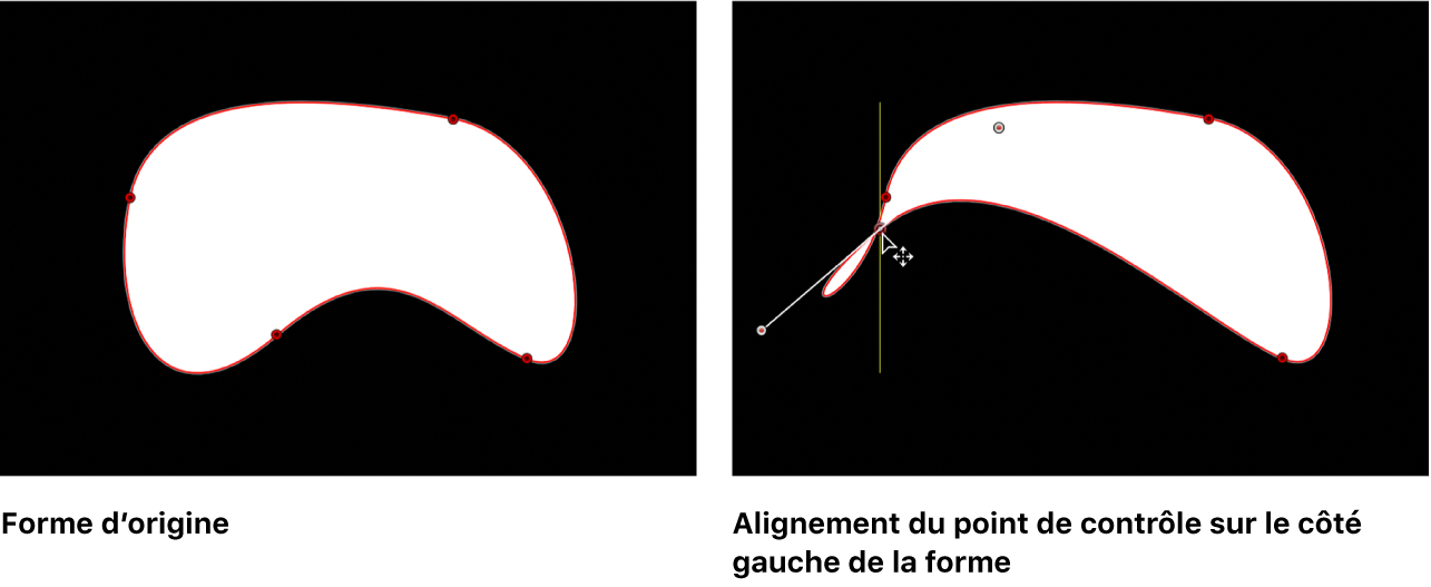 Canevas affichant une forme de Bézier avec un guide apparaissant lorsqu’un point de contrôle est aligné sur un autre point de contrôle sur la même forme