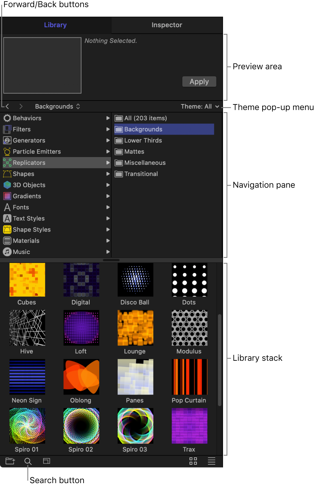 「ライブラリ」の各領域: プレビュー領域、進むボタンと戻るボタン、「テーマ」ポップアップメニュー、ナビゲーションパネル、「ライブラリ」スタック、検索ボタン