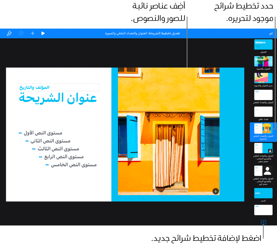 تخطيط شريحة يظهر على اللوحة القماشية للشريحة، مع الزر إضافة تخطيط الشريحة في أسفل متصفح الشرائح.