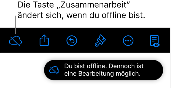 Die Tasten oben auf dem Bildschirm, darunter die Taste „Zusammenarbeit“, die als mit einer diagonalen Linie durchgestrichenen Wolke dargestellt wird. Ein Hinweis auf dem Bildschirm besagt, dass du offline bist, aber weiterhin arbeiten kannst.