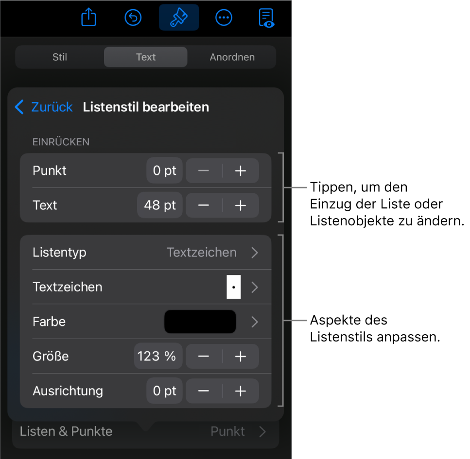 Das Menü „Listenstil bearbeiten“ mit Steuerelementen zum Bearbeiten des Typs und Erscheinungsbilds der Liste.