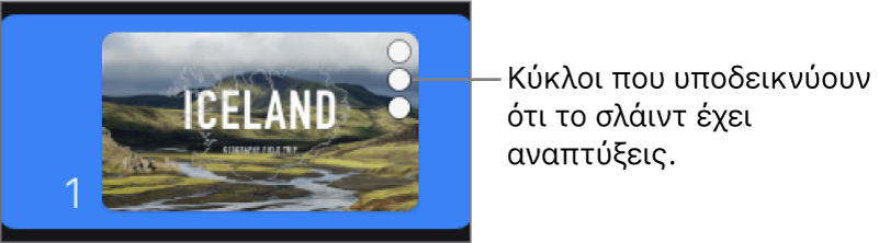 Ένα σλάιντ με τρεις κύκλους στην πάνω δεξιά γωνία που υποδεικνύουν ότι το σλάιντ διαθέτει αναπτύξεις.