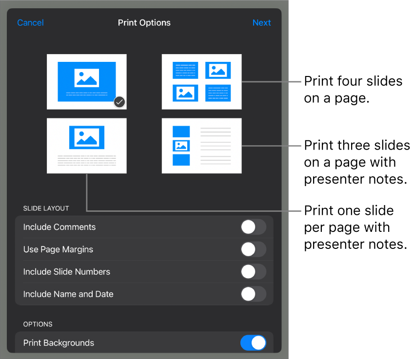 Print layout options.