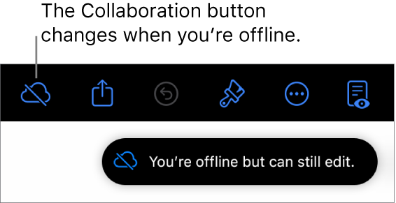 The buttons at the top of the screen, with the Collaboration button changed to a cloud with a diagonal line through it. An alert on the screen says “You’re offline but can still edit”.