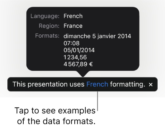 The notification of the different language and region settings, showing examples of formatting for that language and region.