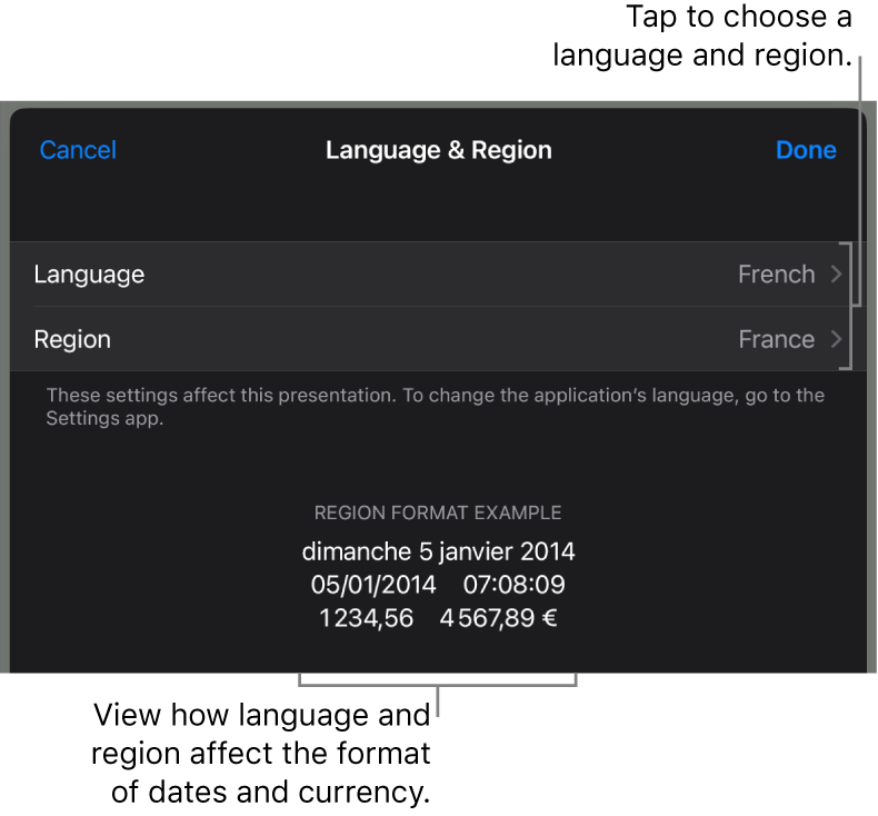 Language and Region pane with controls for language and region, and a format example including date, time, decimal and currency.