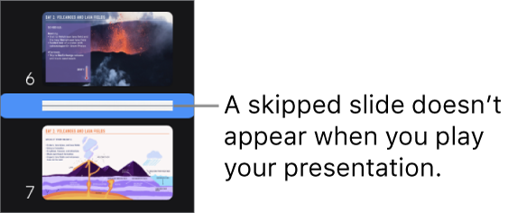 The slide navigator with a skipped slide showing as a horizontal line.
