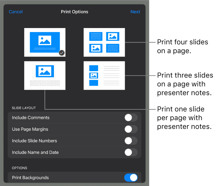 Print layout options.