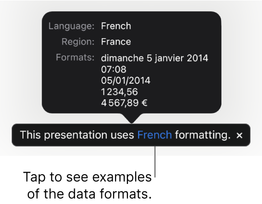 The notification of the different language and region setting, showing examples of the formatting in that language and region.