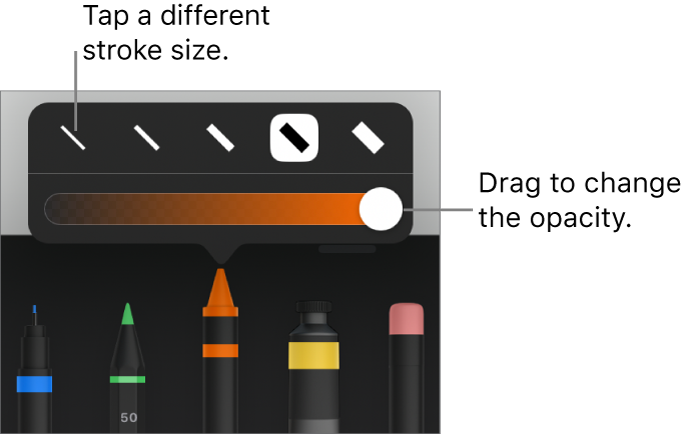 Controls for choosing a stroke size and a slider for adjusting the opacity.