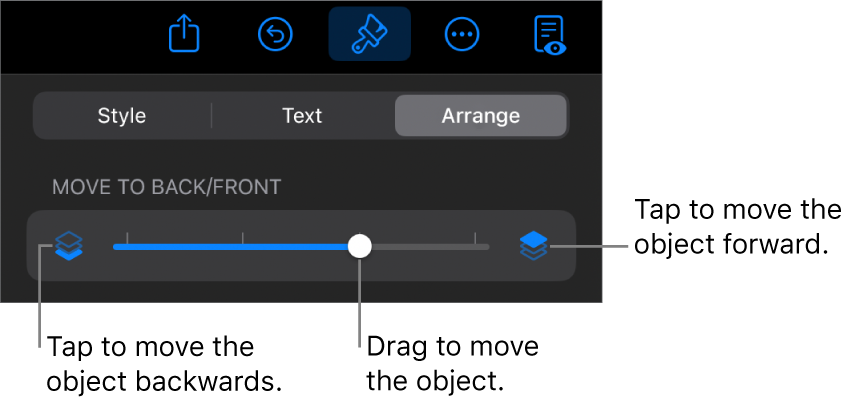 The Move Backward button, the Move Forward button and the layering slider.